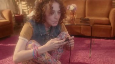 80 'lerin kıyafetleriyle orta boylu kızıl saçlı bir kız gündüz vakti oturma odasında oturmuş oyun oynuyor, oyun sahası ve konsol kullanıyor.