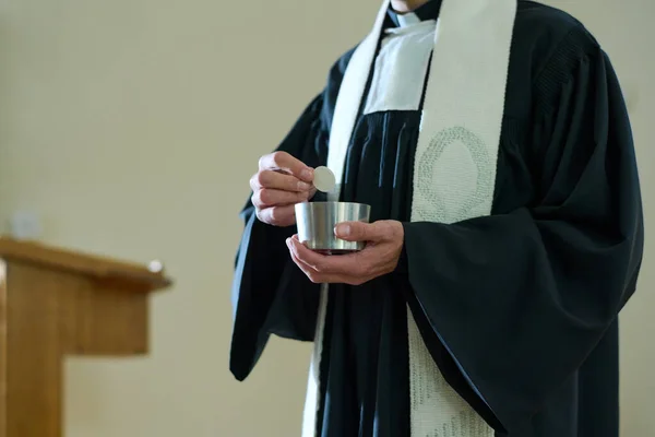 Priest Catholic Church Cassock Holding Small Cup Unleavened Bread Communion — Stock Photo, Image