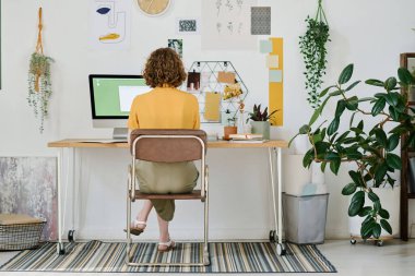 Masa başında oturup yeni bir web sitesi oluştururken bilgisayar monitörü önünde çalışan genç iş kadını ya da serbest çalışanın arka planı
