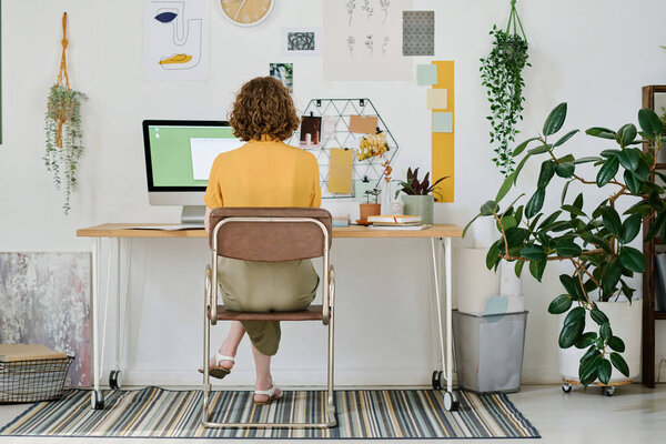 Back view of young businesswoman or freelancer working in front of computer monitor while sitting by desk and creating new website