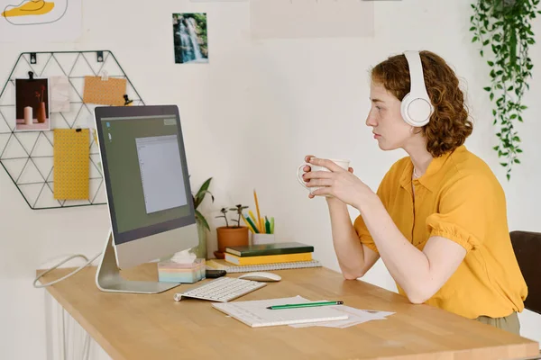 工作时 年轻而严肃的女自由职业者 拿着一杯茶或咖啡 凝视着小空白窗口的电脑屏幕 — 图库照片