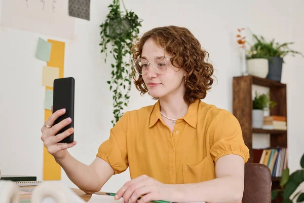 Young Female Freelancer Eyeglasses Making Selfie Communicating Video Chat While — Stock Photo, Image