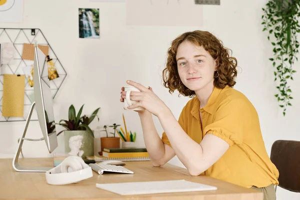 コンピュータモニターの前で職場でお茶やコーヒーを飲んでいる若い女性のフリーランスや家庭労働者の幸せ — ストック写真