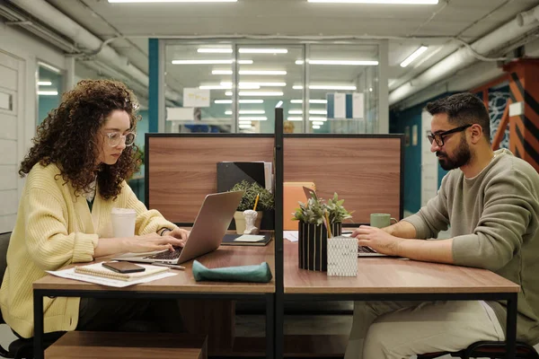 两名年轻同事坐在工作场所旁边的膝上型计算机前 在宽敞的开放空间办公室里上网的侧视图 — 图库照片