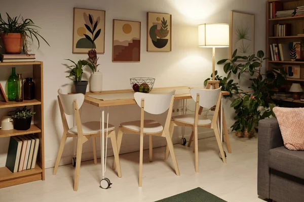 広々としたリビングルームで本と絵画や棚のグループと壁で夕食のテーブルの周りに立っていくつかの木製の椅子 — ストック写真
