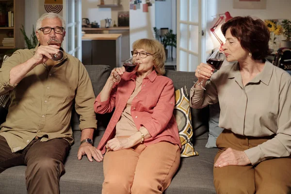 一群老朋友坐在客厅的沙发上 一边喝酒 一边享受家庭聚会 一边庆祝生活 — 图库照片