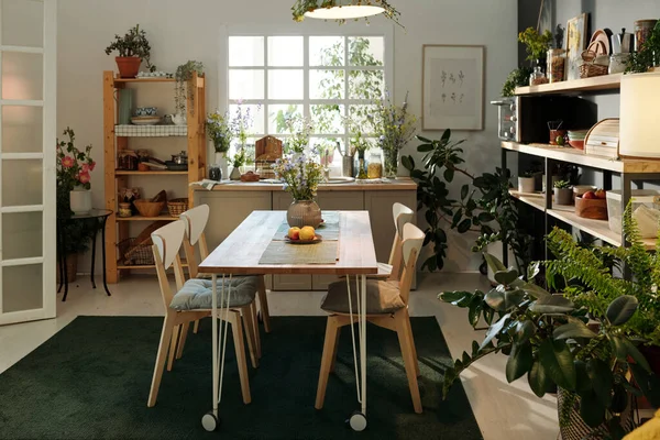現代のアパートの居心地の良いキッチンのインテリアテーブルと花のポットで国内植物に囲まれた濃い緑のカーペットの上の椅子 — ストック写真