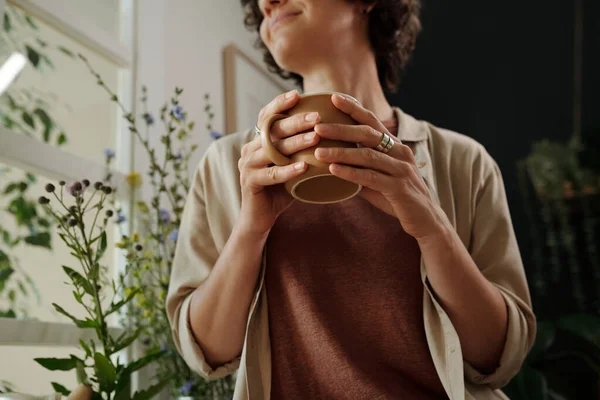 Hands Young Serene Woman Home Wear Holding Cup Tea While — Stock Photo, Image