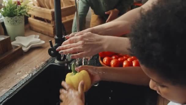 귀여운 야채를 모습을 코카서스의 어머니가 집에서 부엌에서 싱크대 — 비디오