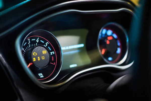 Part Car Interior Instrument Panel Containing Two Speedometers Determining Mileage — Stock Photo, Image