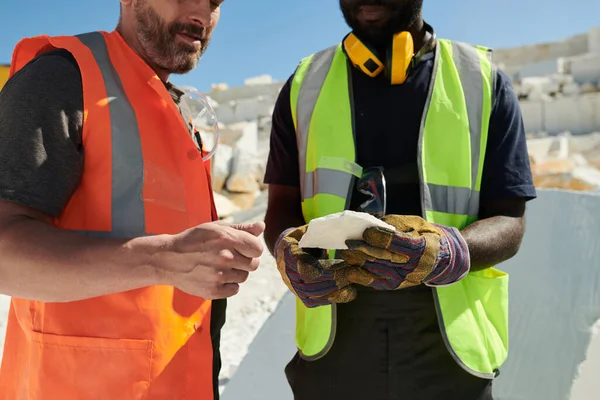 Mid Section Two Intercultural Workers Marble Quarry Uniform Discussing Sort — Stock Photo, Image