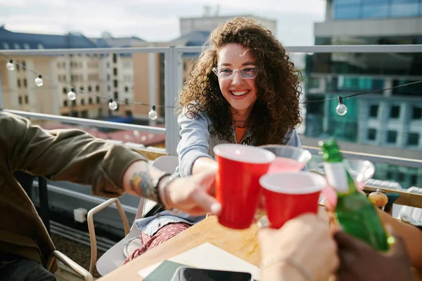 Young Smiling Woman Dark Long Curly Hair Toasting Drinks Her — Stock Photo, Image