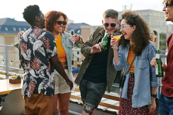 Group Young Cheerful Affectionate Friends Enjoying Outdoor Party Rooftop Cafe — Stock Photo, Image
