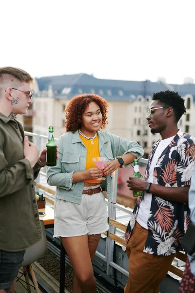 Two Young Intercultural Couples Stylish Casualwear Having Drinks Chatting Terrace — Stock Photo, Image
