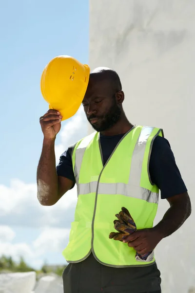Bald African American Engineer Uniform Putting Safety Helmet His Head — Stock Photo, Image