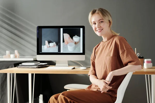 Happy Young Creative Photographer Assistant Sitting Front Camera Worplace Computer — Stock Photo, Image