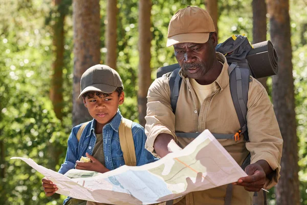Cute African American Boy Casualwear Looking Map While Discussing Route — Stock Photo, Image