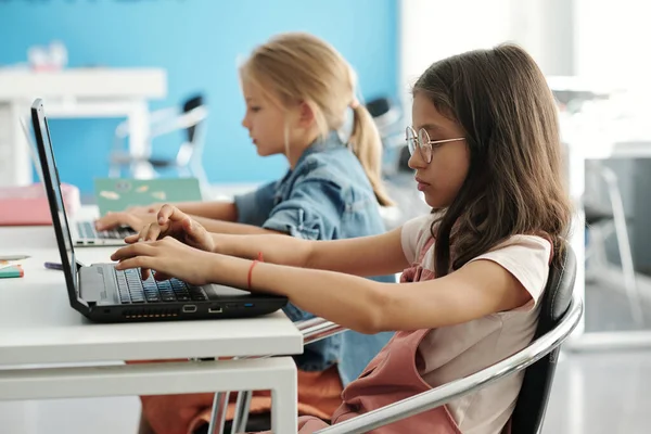 Sprytna Młodzieńcza Uczennica Jej Koleżanka Wpisując Klawiaturze Laptopa Siedząc Przy — Zdjęcie stockowe