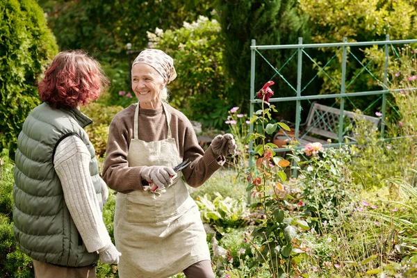 Happy Senior Woman Looking Her Granddaughter While Both Working Garden — Stock Photo, Image
