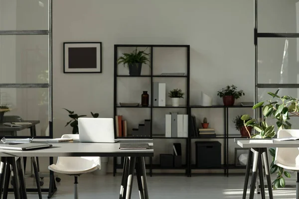 白襟労働者のいくつかの職場と近代的なオープンスペースのオフィス 緑の植物と花壇と壁や棚に絵 — ストック写真