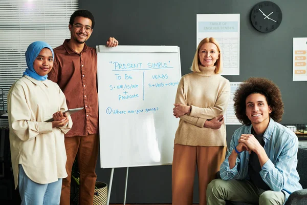 Several Happy Young Intercultural Students Mature Blond Teacher Surrounding Whiteboard — Stock Photo, Image