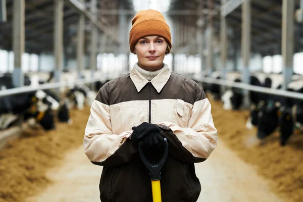 Joven Trabajadora Una Granja Vacas Moderna Con Herramienta Trabajo Parada — Foto de Stock