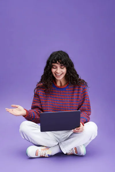 Happy Girl Dark Long Wavy Hair Communicating Video Chat While — Stock fotografie