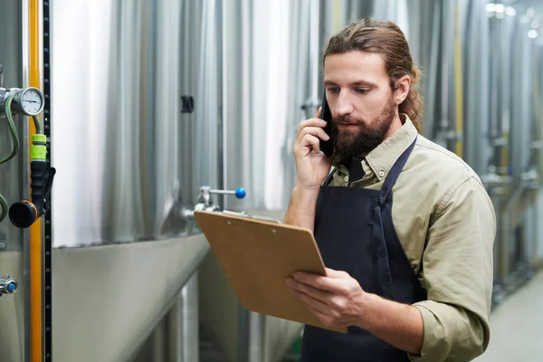 Portrait Brewery Owner Talking Phone Ordering Malted Barley Hops Yeast — Stock Photo, Image