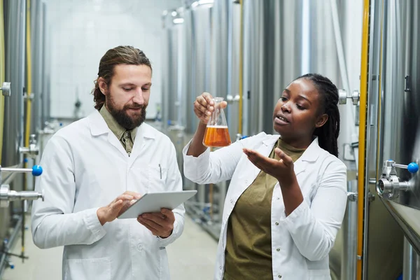 实验室工作人员检查酿酒厂生产的啤酒的质量 — 图库照片