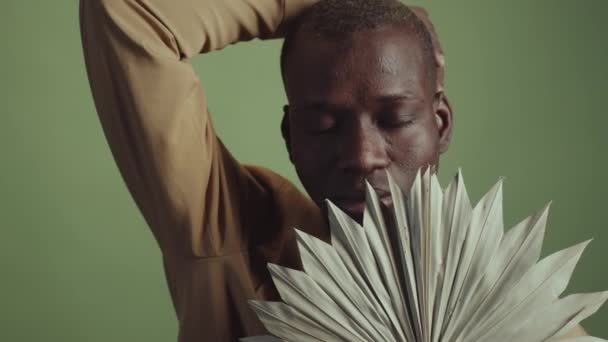 Horizontal Medium Close African American Man Holding Unusual Plant Leaf — Stock Video