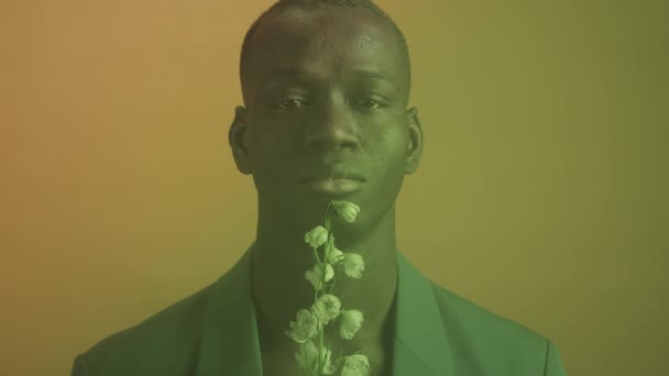 Estudio Conceptual Primer Plano Adulto Joven Hombre Negro Sosteniendo Flor — Vídeo de stock