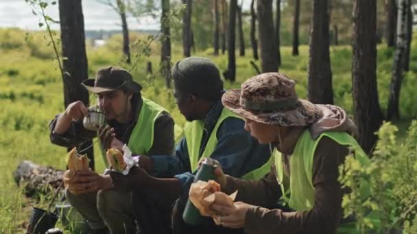 Mediano Largo Tres Diversos Jardineros Chalecos Verdes Comiendo Sándwiches Tomando — Vídeos de Stock