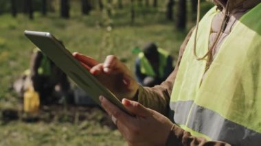 Güneşli bir günde, ağaçların arasında duran, yansıtıcı yelek giyen, tablet bilgisayar kullanan, arka planda bulanık çalışan bahçıvanın orta bölüm görüntüsü.