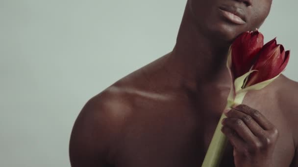 Невпізнаваний Чуттєвий Сорочки Молодий Чорний Чоловік Позує Камеру Красивими Бутонами — стокове відео