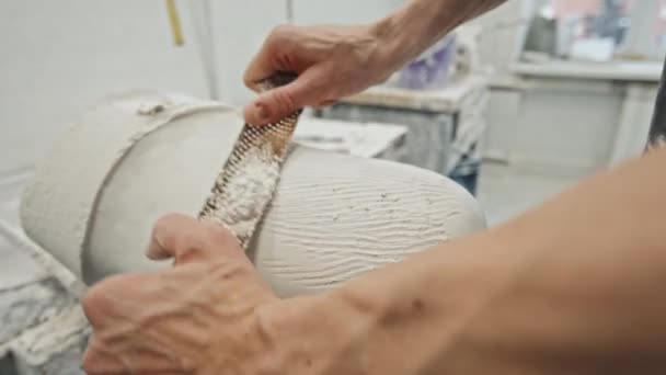 Unrecognizable Craftsman Removing Extra Layer Material Artificial Limb Plaster Cast — Stock Video