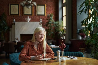 Tatlı albino kız, uzun düz saçlı, tuzluk çizen ve kırmızı yapraklı küçük vazo yapan, kafede otururken.