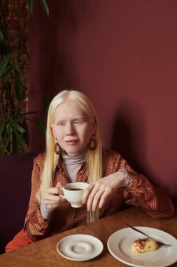 Bir fincan çay ya da kahveyle rahat genç albino kadın şık bir kafe veya restoranda kestane rengi duvarın yanında oturuyor ve tatlı yiyor.