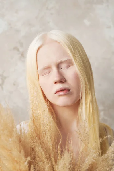 Nahaufnahme Porträt Einer Jungen Gelassenen Albino Frau Mit Flauschigen Getrockneten — Stockfoto