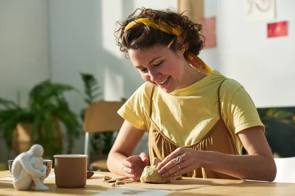 Glückliche Junge Kreative Frau Freizeitkleidung Die Arbeitsplatz Geräumigen Heimstudio Sonnigen — Stockfoto