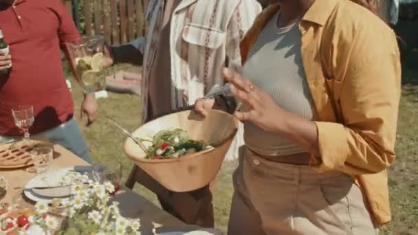 Stylish Young Black Couple Finishing Table Serving Outdoor Party Friends — Stock Video