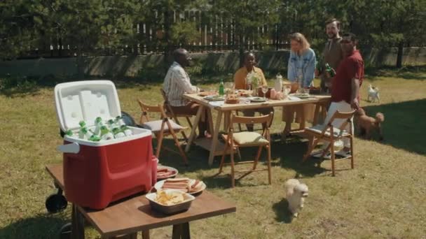 Draagbare Koelkast Met Bierflesjes Hotdogs Chips Borden Tafel Multi Etnische — Stockvideo