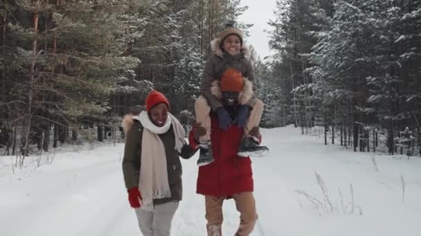 Afrika Kökenli Amerikalı Mutlu Bir Ailenin Kış Günü Dışarıda Yürürken — Stok video