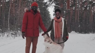 Orta uzunlukta mutlu, Afro-Amerikan heteroseksüel çiftin sevimli köpekleri sevmesi kış ormanlarında durup eğlenmeleri ve kameralara bakmaları.