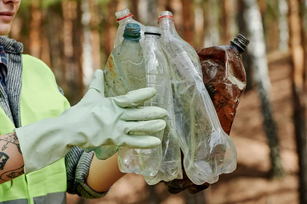 Osoba Kamizelce Neonowej Pokazująca Plastikowe Butelki Zebrane Lesie Dniu Ziemi — Zdjęcie stockowe