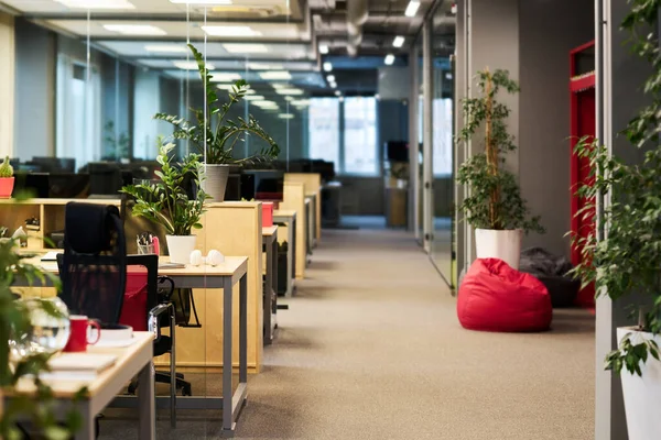Part Spacious Office Long Aisle Row Desks Business Supplies Green — Stock Photo, Image