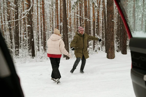 Радостный Зрелый Муж Жена Зимней Одежде Веселятся Сосновом Лесу Покрытом — стоковое фото