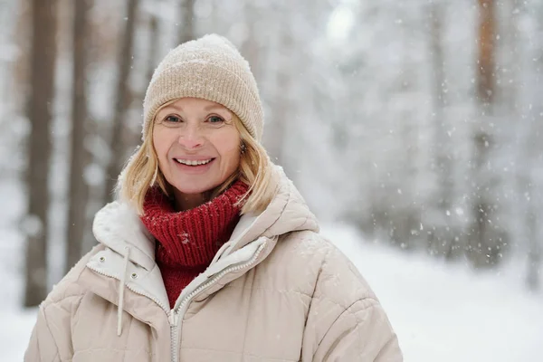 Happy Mature Blond Woman Woolen Knitted Beanie Red Sweater Warm — Stock Photo, Image