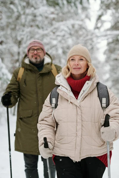 活跃的金发老妇人和她的丈夫带着手杖和背包在公园或森林里散步 树上覆盖着雪 — 图库照片