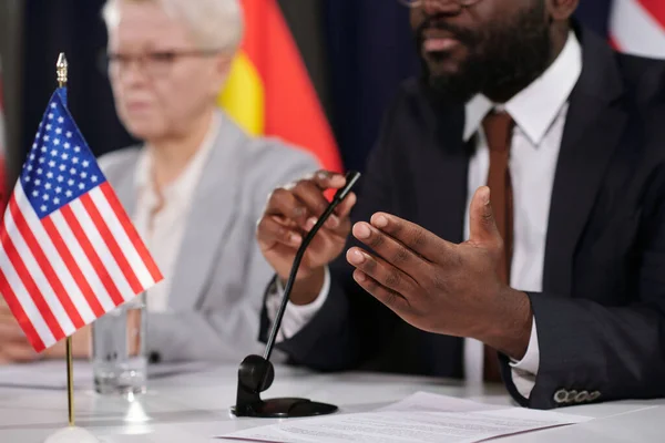 Hands Young Confident Male Representative Usa Speaking Microphone While Sitting — Stock Photo, Image