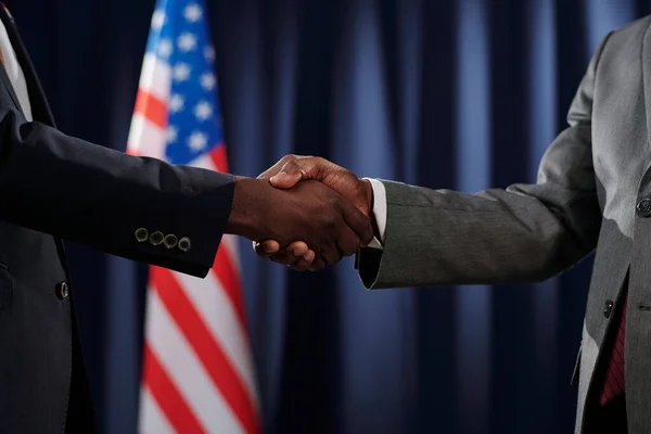 Two African American Male Delegates Political Leaders Shaking Hands Flag — Stock Photo, Image
